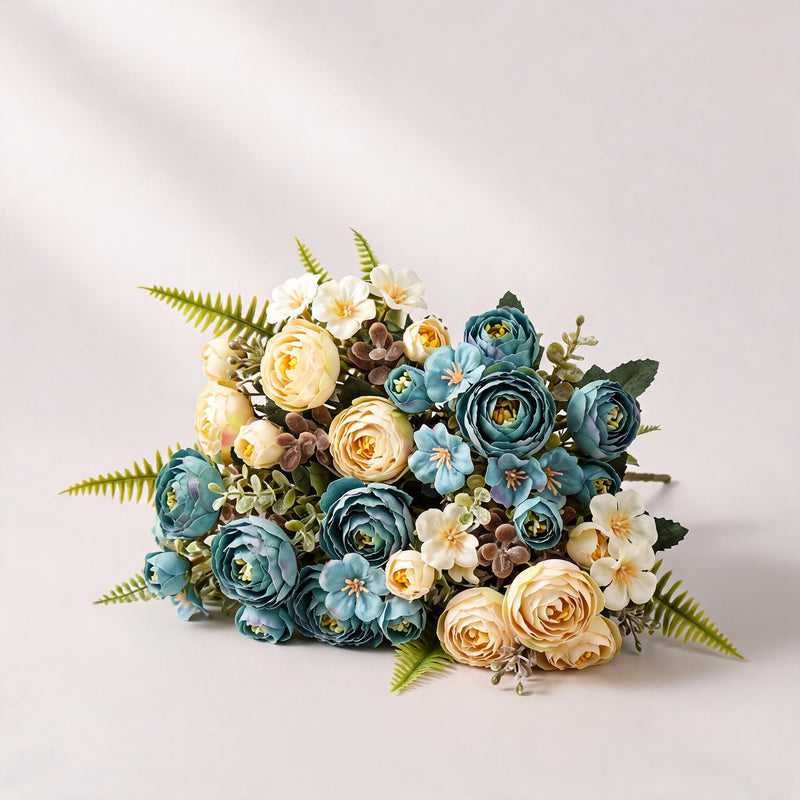 Artificial Camellia Rose Bush, 12" Silk Flower Arrangement, 16 Blooms for Wedding Centerpieces & Home Decor