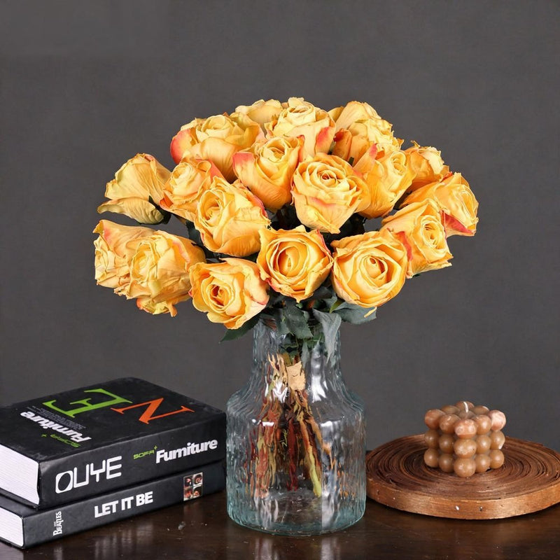 Artificial Burned-Rose Bouquet, 7 Stems, 15" Tall, Silk Flowers for Wedding Decor, Home Styling, and Seasonal Arrangements