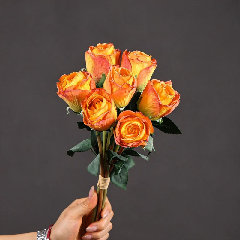 Artificial Burned-Rose Bouquet, 7 Stems, 15" Tall, Silk Flowers for Wedding Decor, Home Styling, and Seasonal Arrangements