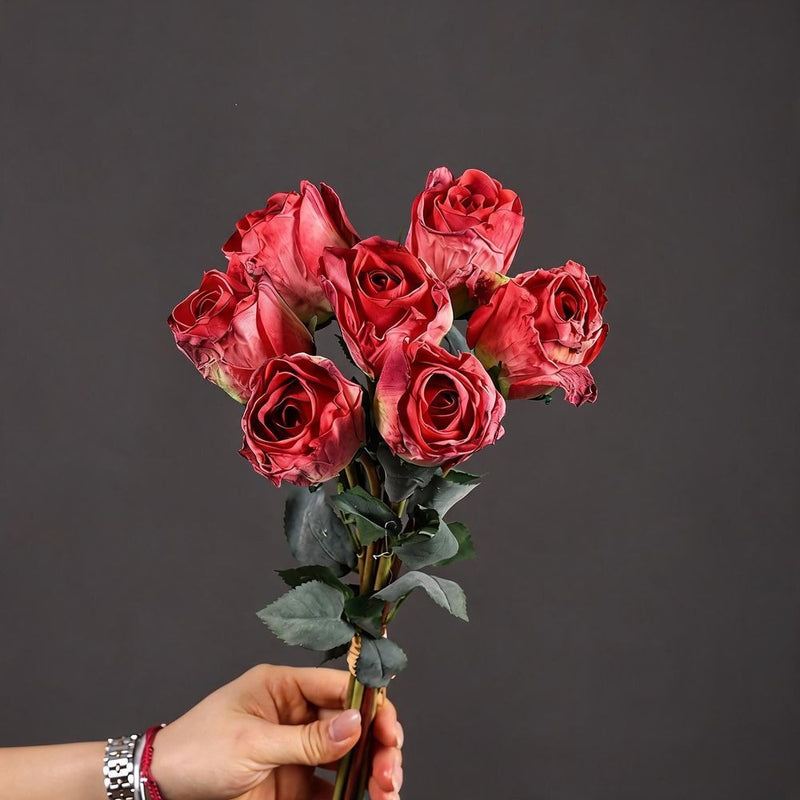 Artificial Burned-Rose Bouquet, 7 Stems, 15" Tall, Silk Flowers for Wedding Decor, Home Styling, and Seasonal Arrangements