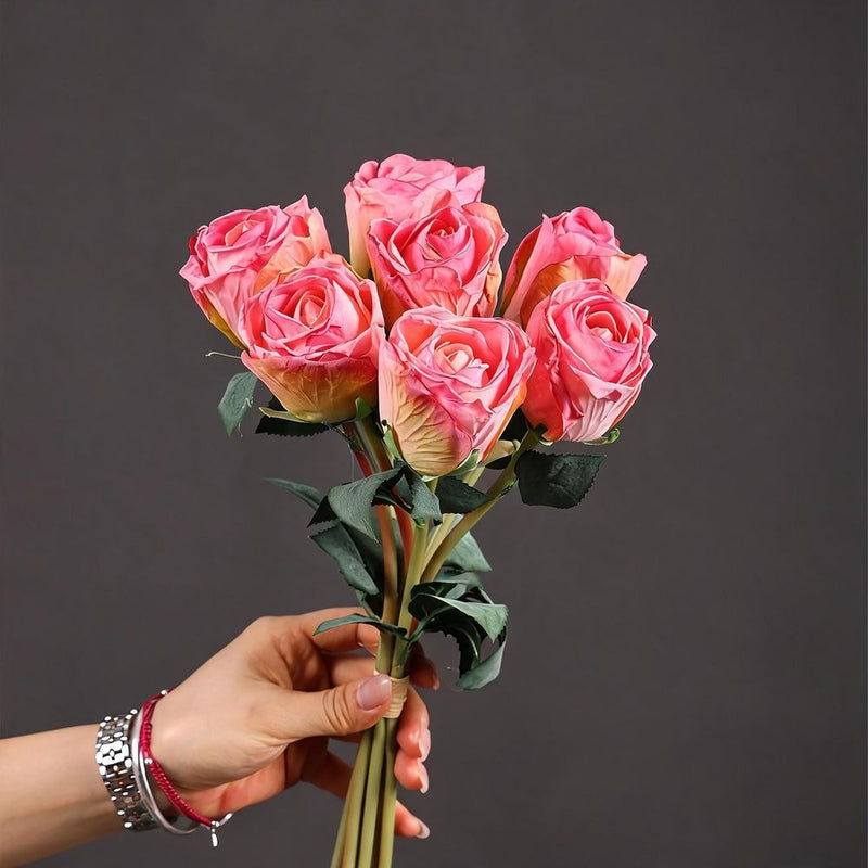 Artificial Burned-Rose Bouquet, 7 Stems, 15" Tall, Silk Flowers for Wedding Decor, Home Styling, and Seasonal Arrangements