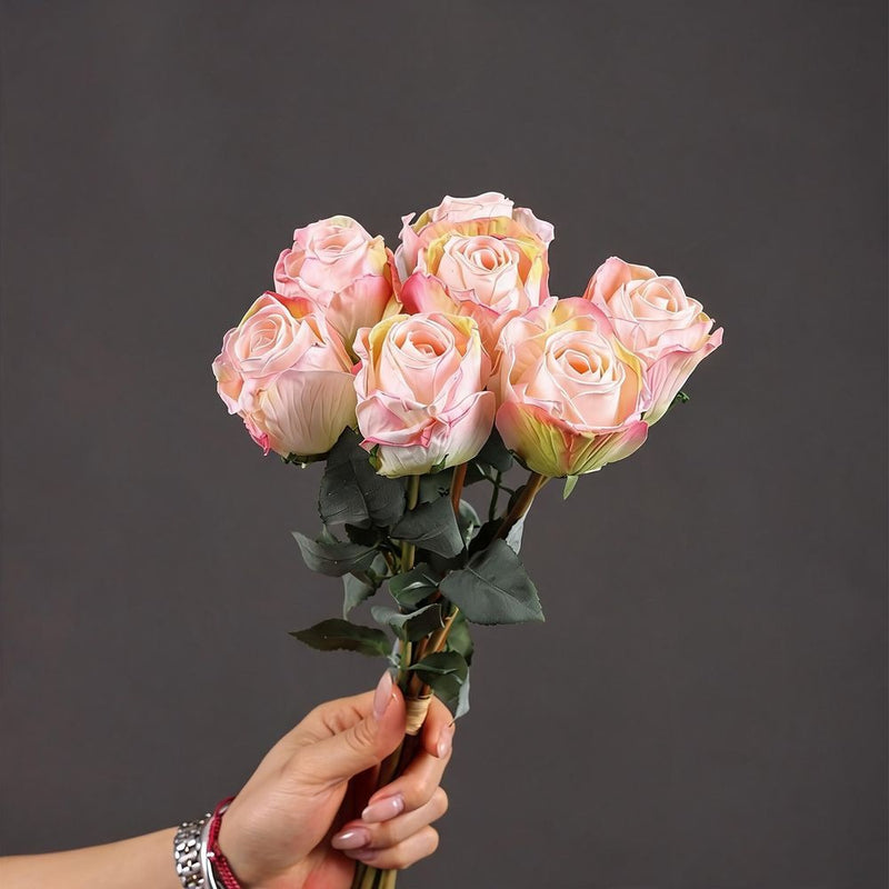 Artificial Burned-Rose Bouquet, 7 Stems, 15" Tall, Silk Flowers for Wedding Decor, Home Styling, and Seasonal Arrangements