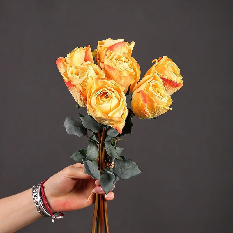 Artificial Burned-Rose Bouquet, 7 Stems, 15" Tall, Silk Flowers for Wedding Decor, Home Styling, and Seasonal Arrangements