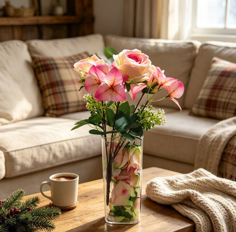 Artificial Rose and Bougainvillea Bush, Pink/Champagne, 16" Tall, Perfect for Weddings, Home Decor, and Events