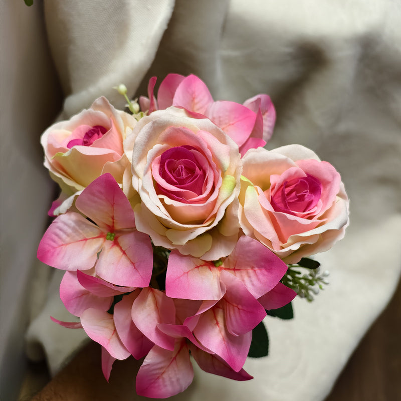 Artificial Rose and Bougainvillea Bush, Pink/Champagne, 16" Tall, Perfect for Weddings, Home Decor, and Events