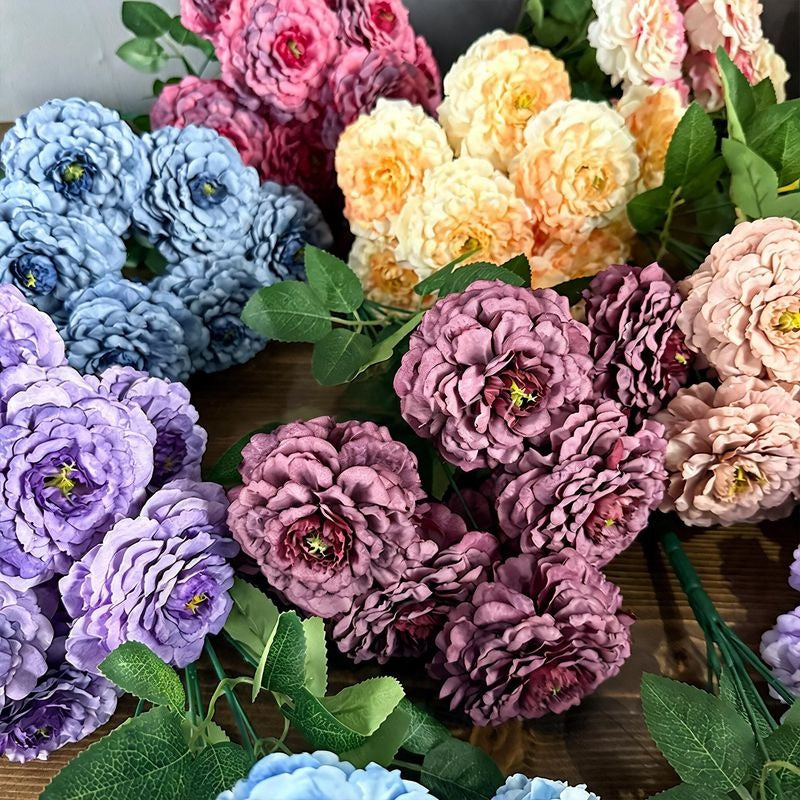 Artificial Dragon Chrysanthemum Bush, 9 Blooms, 16" Height, Silk Flowers for Home Decor, Wedding Arrangements, and Window Displays
