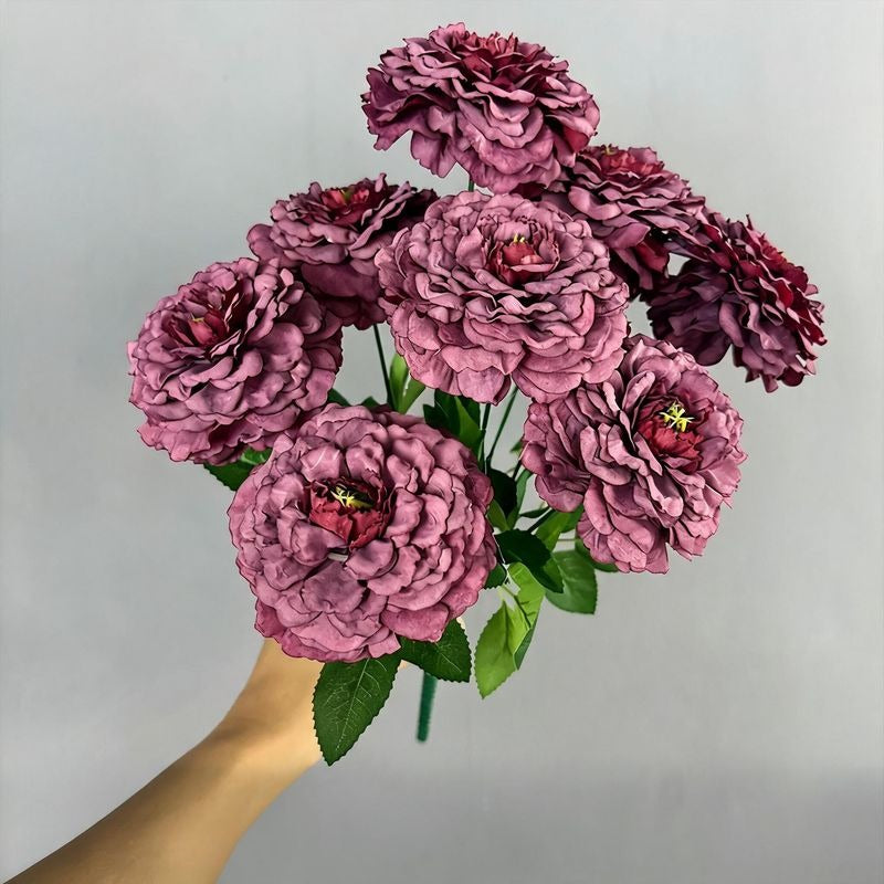 Artificial Dragon Chrysanthemum Bush, 9 Blooms, 16" Height, Silk Flowers for Home Decor, Wedding Arrangements, and Window Displays