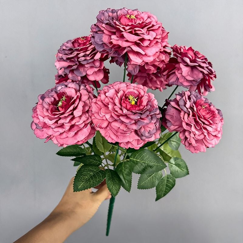Artificial Dragon Chrysanthemum Bush, 9 Blooms, 16" Height, Silk Flowers for Home Decor, Wedding Arrangements, and Window Displays