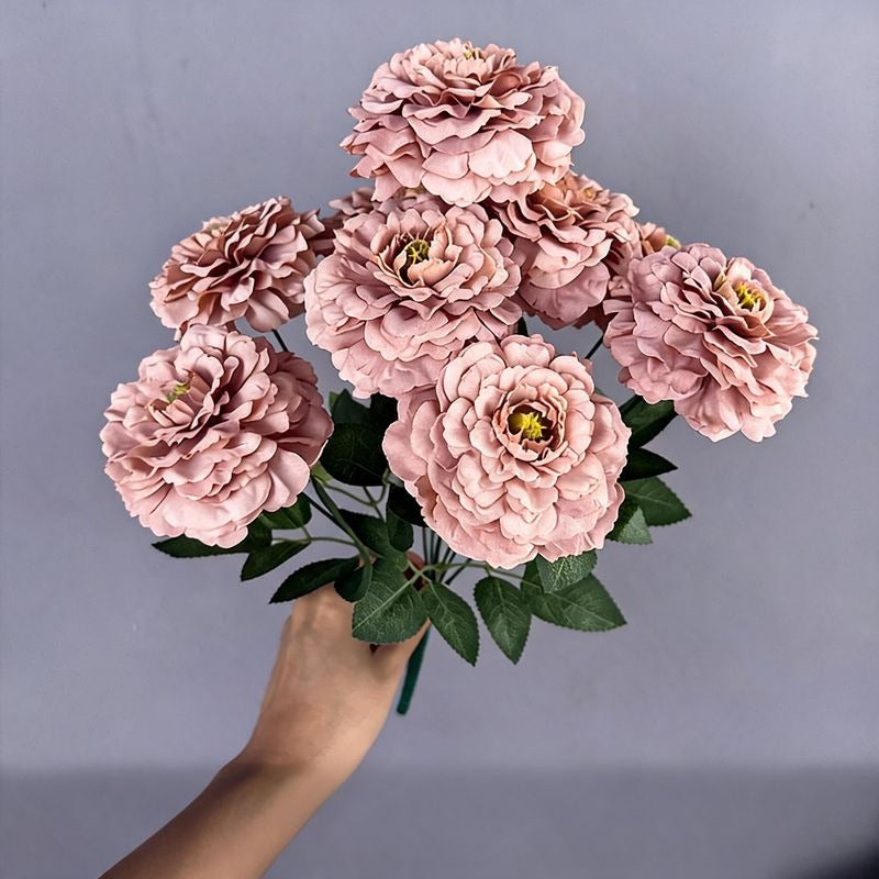Artificial Dragon Chrysanthemum Bush, 9 Blooms, 16" Height, Silk Flowers for Home Decor, Wedding Arrangements, and Window Displays
