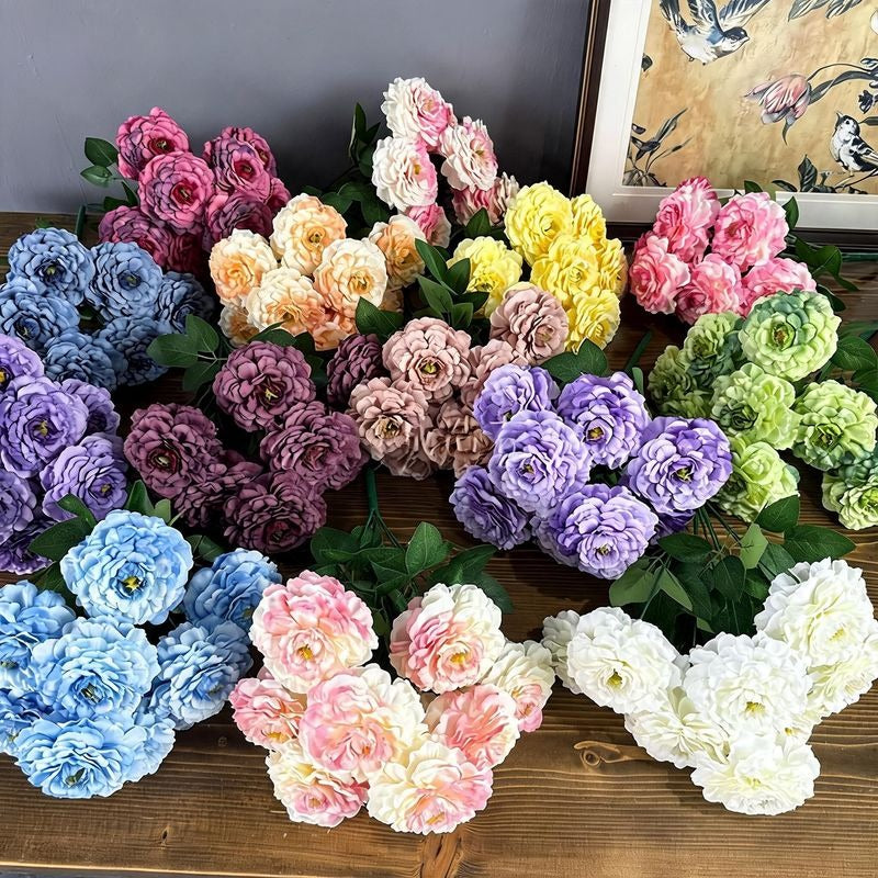 Artificial Dragon Chrysanthemum Bush, 9 Blooms, 16" Height, Silk Flowers for Home Decor, Wedding Arrangements, and Window Displays