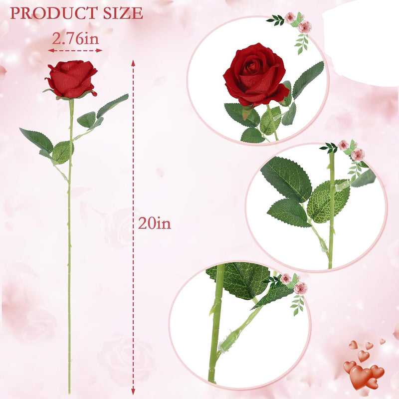 Artificial Rose Single Stem, 20 Inches Tall, 2.76 Inches Bloom, Silk Fabric, Set of 10, Wedding, Home Decor, Valentine's Day