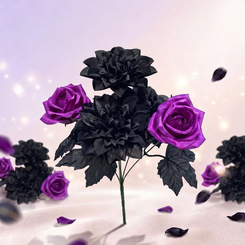 Artificial Silk Dahlia Bush with 5 Blooms, Deep Purple Black Roses, 13", Perfect for Home Decor, Weddings, and Events