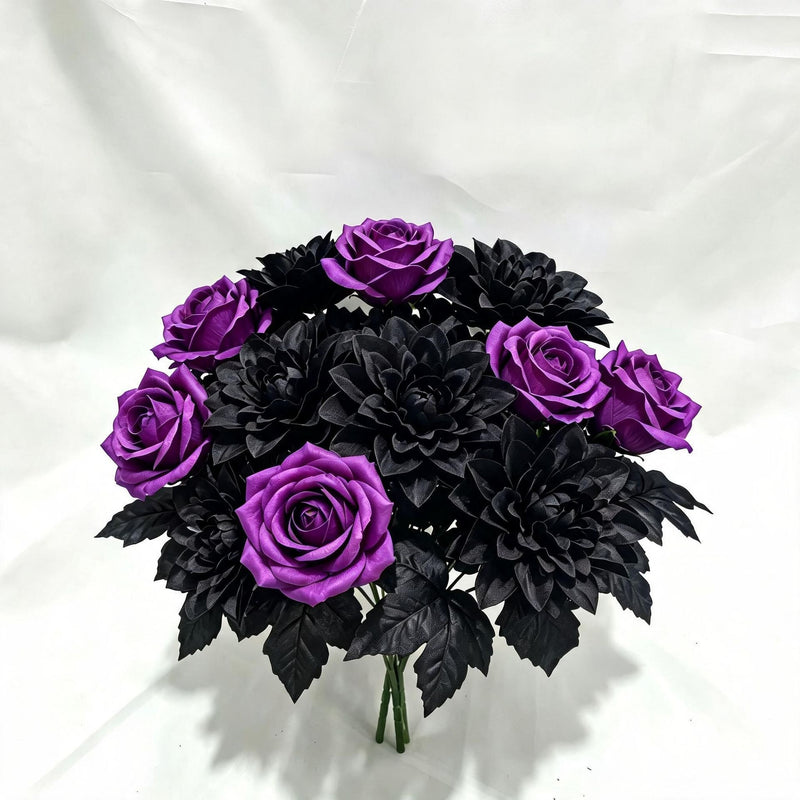 Artificial Silk Dahlia Bush with 5 Blooms, Deep Purple Black Roses, 13", Perfect for Home Decor, Weddings, and Events