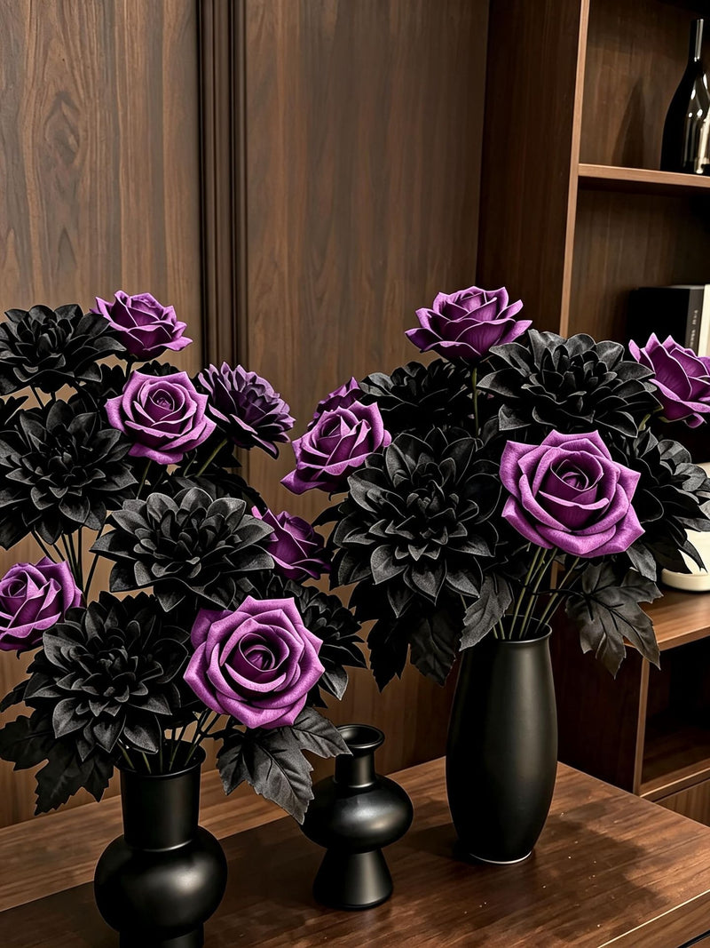 Artificial Silk Dahlia Bush with 5 Blooms, Deep Purple Black Roses, 13", Perfect for Home Decor, Weddings, and Events