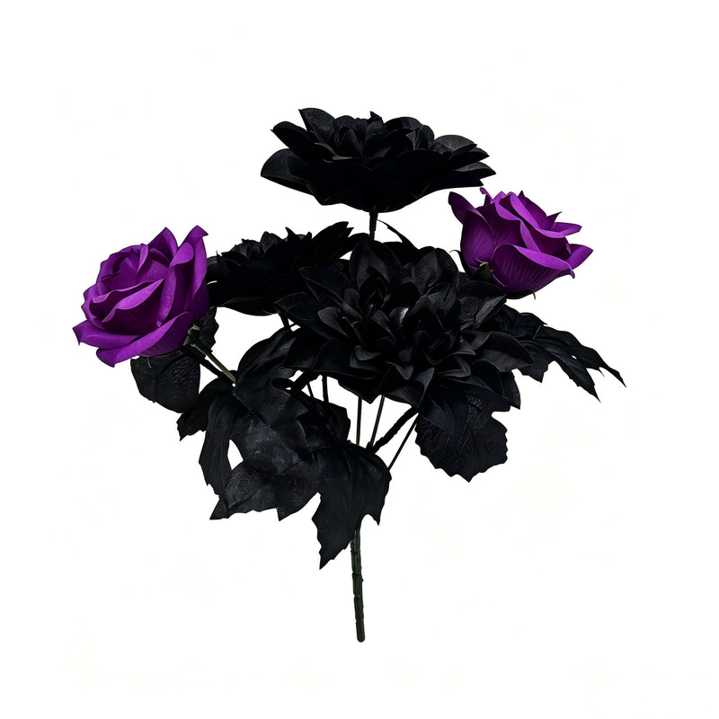 Artificial Silk Dahlia Bush with 5 Blooms, Deep Purple Black Roses, 13", Perfect for Home Decor, Weddings, and Events