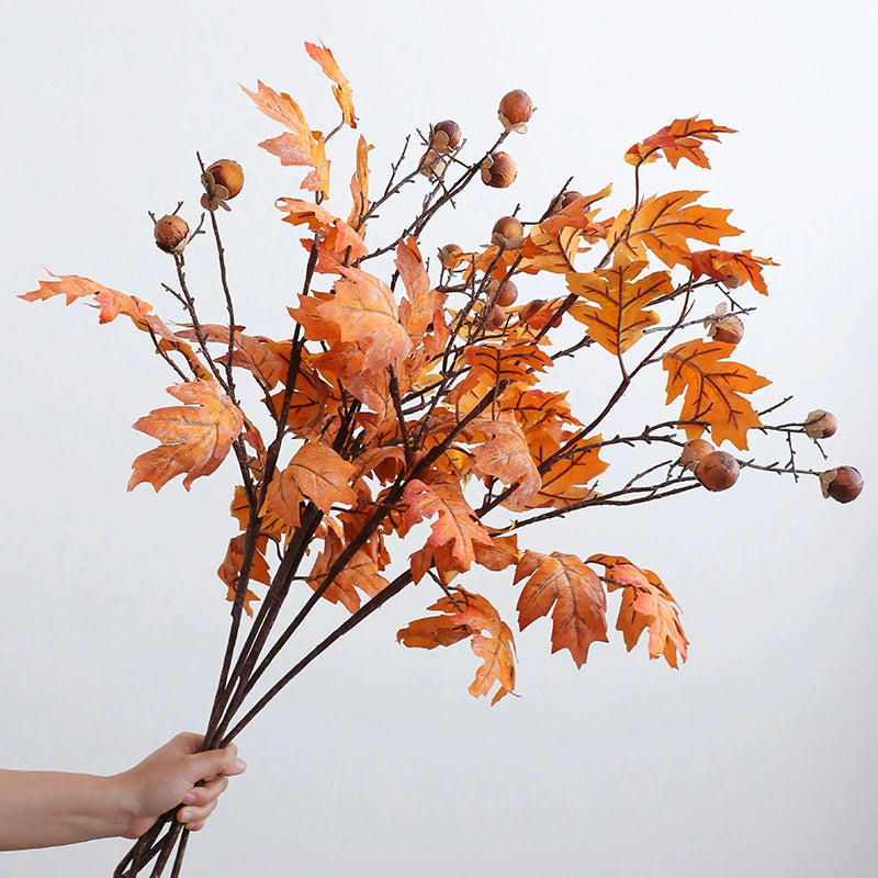 Artificial Maple Leaf Branches with Berries, 34" Realistic Faux Autumn Stems, Single Bendable Stem for Home Decor, Wedding Centerpieces, Fall Table Arrangements
