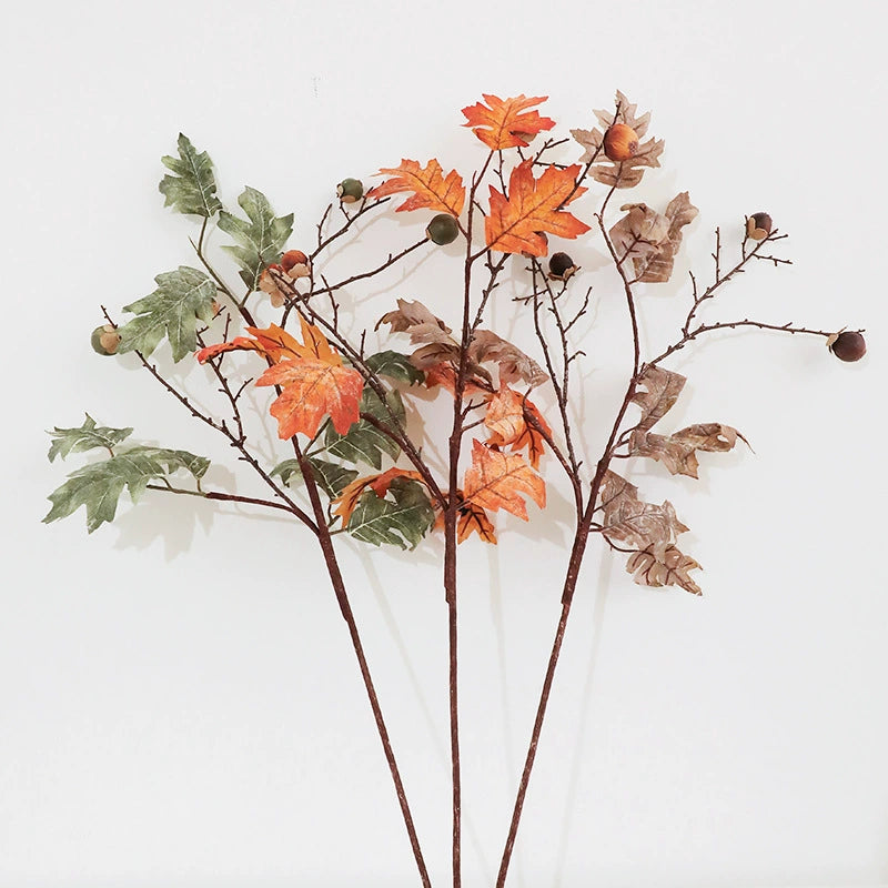 Artificial Maple Leaf Branches with Berries, 34" Realistic Faux Autumn Stems, Single Bendable Stem for Home Decor, Wedding Centerpieces, Fall Table Arrangements