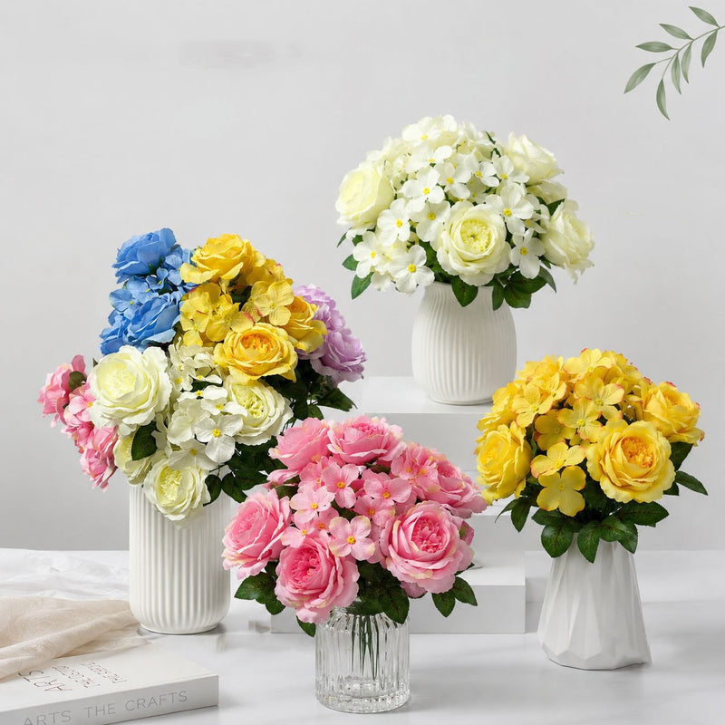 Artificial Hydrangea Bush with 9 Blooms, 18" Tall, Silk Wedding & Home Decor Bouquet