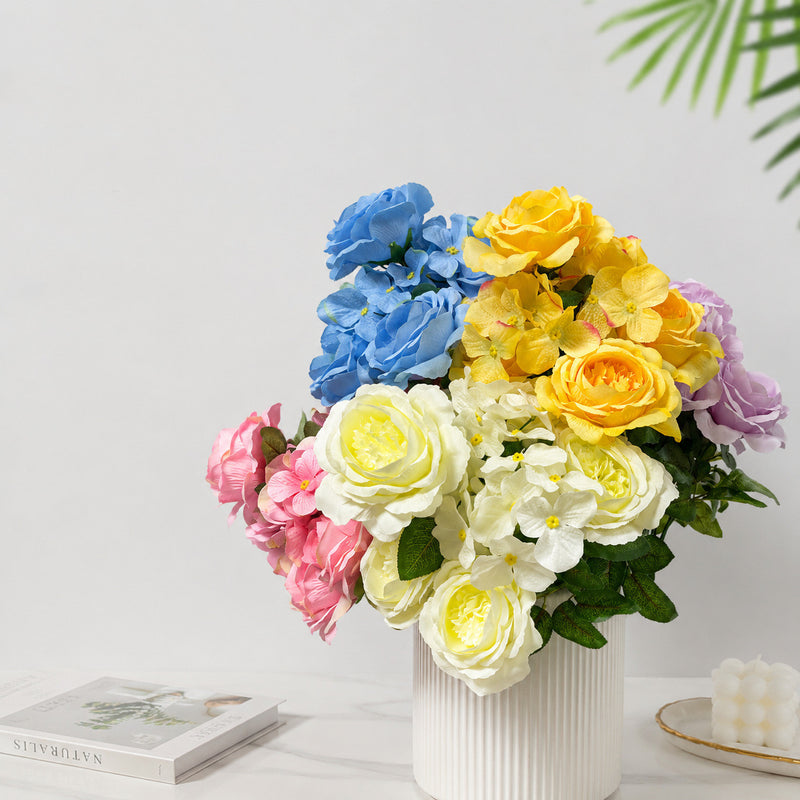 Artificial Hydrangea Bush with 9 Blooms, 18" Tall, Silk Wedding & Home Decor Bouquet