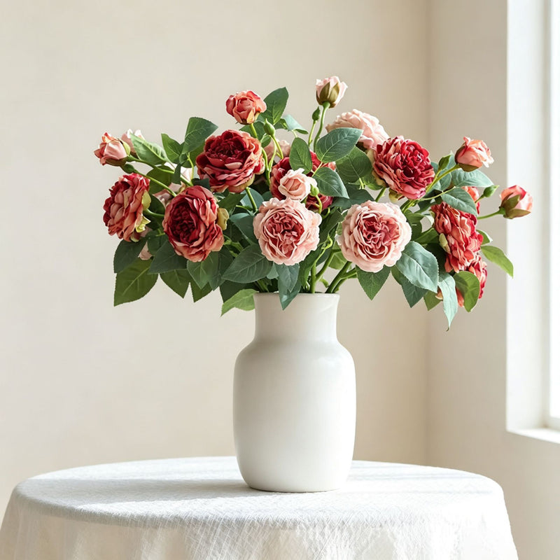 Artificial Rose Bush with 3 Blooms, 21" Silk Floral Arrangement for Home Decor, Weddings & Events, Realistic Faux Flowers