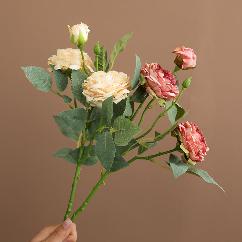 Artificial Rose Bush with 3 Blooms, 21" Silk Floral Arrangement for Home Decor, Weddings & Events, Realistic Faux Flowers