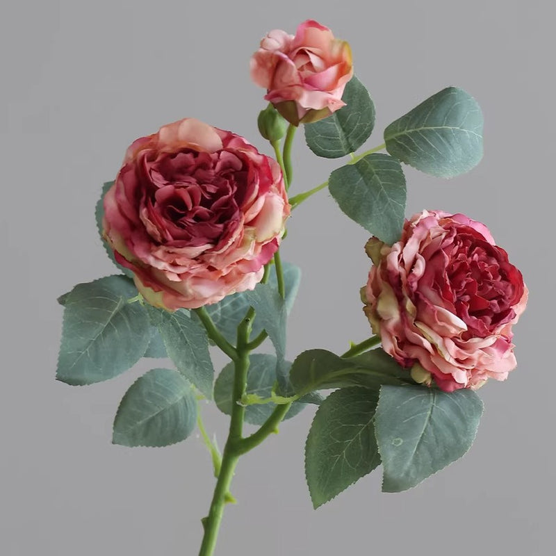 Artificial Rose Bush with 3 Blooms, 21" Silk Floral Arrangement for Home Decor, Weddings & Events, Realistic Faux Flowers
