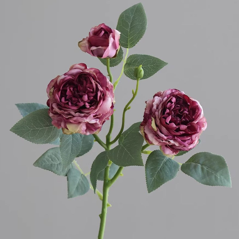 Artificial Rose Bush with 3 Blooms, 21" Silk Floral Arrangement for Home Decor, Weddings & Events, Realistic Faux Flowers