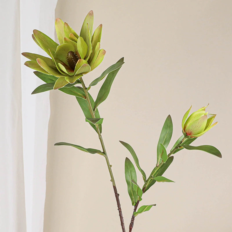 Luxury Artificial Protea Flower Stem, 28" Tall with 2 Blooms (1 Large + 1 Bud), Realistic Silk Floral Arrangement for Home Decor, Wedding Centerpieces & Commercial Displays