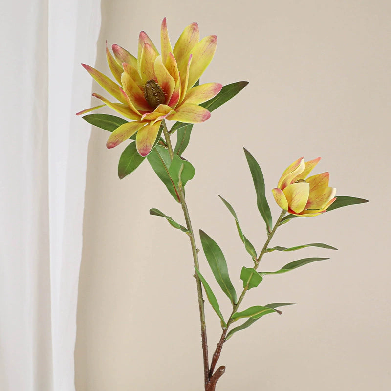 Luxury Artificial Protea Flower Stem, 28" Tall with 2 Blooms (1 Large + 1 Bud), Realistic Silk Floral Arrangement for Home Decor, Wedding Centerpieces & Commercial Displays