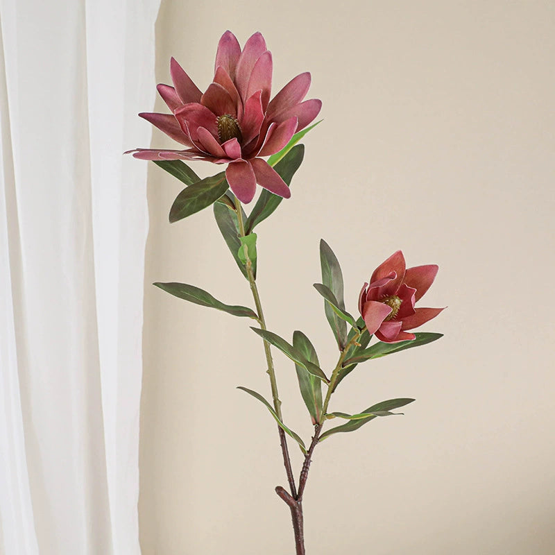 Luxury Artificial Protea Flower Stem, 28" Tall with 2 Blooms (1 Large + 1 Bud), Realistic Silk Floral Arrangement for Home Decor, Wedding Centerpieces & Commercial Displays