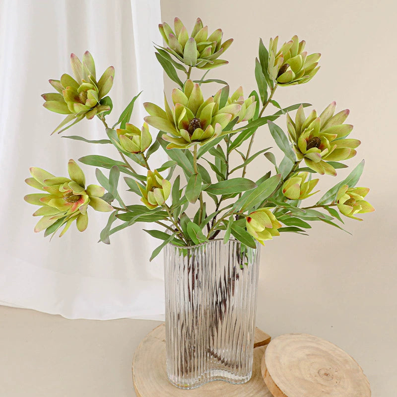 Luxury Artificial Protea Flower Stem, 28" Tall with 2 Blooms (1 Large + 1 Bud), Realistic Silk Floral Arrangement for Home Decor, Wedding Centerpieces & Commercial Displays