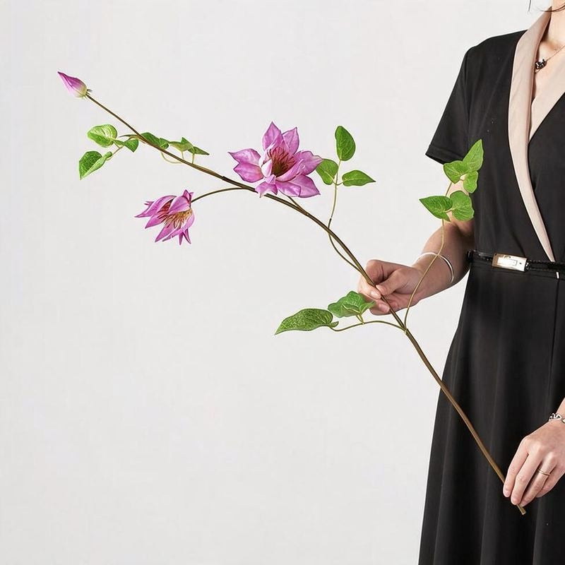 Artificial Clematis Single Stem Flower, 35" Long, 3 Blooms, Silk Material, Rustic & Luxe Theme, Perfect for Home Decor, Weddings, and Commercial Spaces