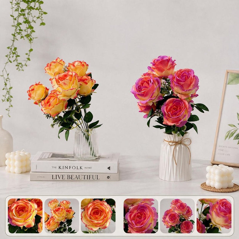 Artificial Silk Rose Stem, 7 Blooms 17" Long, Wedding Bouquet & Home Decor, Realistic Faux Flower for Centerpieces, Vase Arrangements