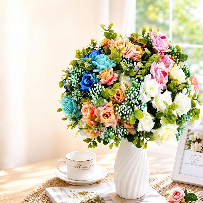 Artificial Mixed Rose Bush, 20" Silk Floral Arrangement for Home Decor, Weddings & Events, Set of 5 Blooms, Allergy-Free & Zero Maintenance