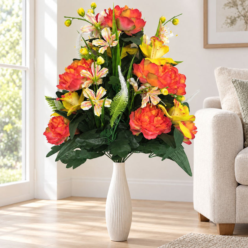 Artificial Peony & Lily Mixed Bouquet, 26" Tall with 24 Blooms, Realistic Faux Floral Arrangement for Home Decor, Weddings & Events