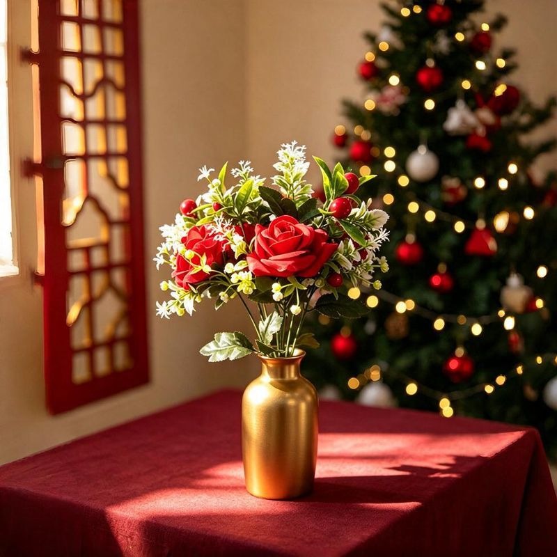 18" Artificial Christmas Rose Bush, Red Poinsettia & Rose Stems, Silk Flowers for Holiday Decor, Weddings, Home, Office, Bulk Discounts Available