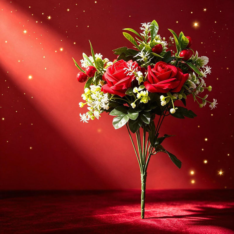 18" Artificial Christmas Rose Bush, Red Poinsettia & Rose Stems, Silk Flowers for Holiday Decor, Weddings, Home, Office, Bulk Discounts Available