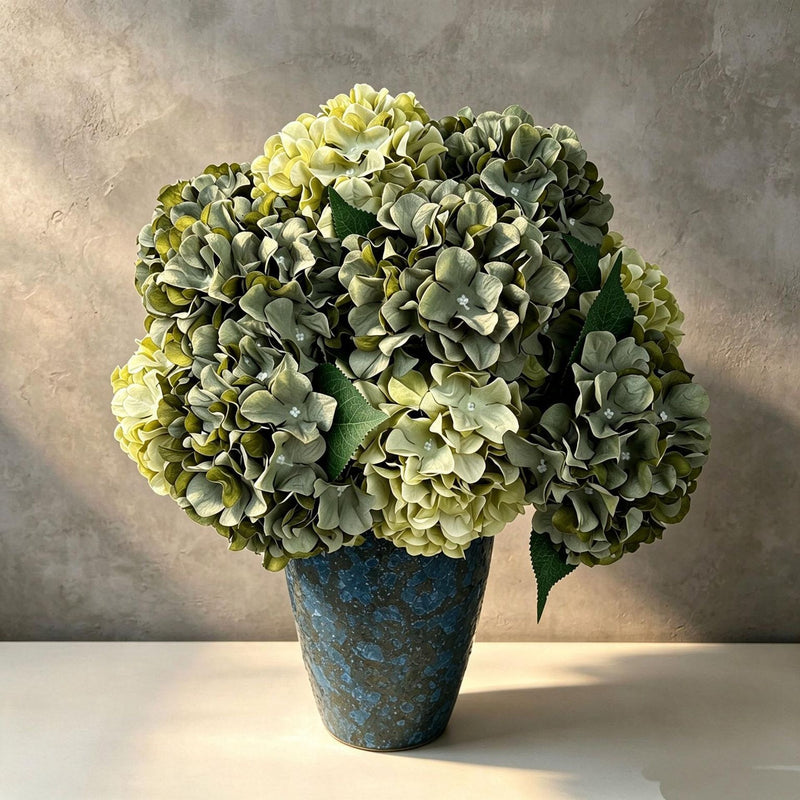 18" Artificial Hydrangea Bush, 225 Blooms, Realistic Silk Floral Arrangement for Weddings, Home Decor, and Events (Blue/White/Pink/Green Options)