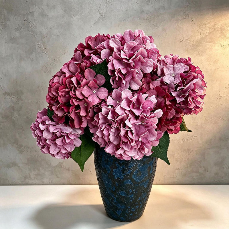 18" Artificial Hydrangea Bush, 225 Blooms, Realistic Silk Floral Arrangement for Weddings, Home Decor, and Events (Blue/White/Pink/Green Options)