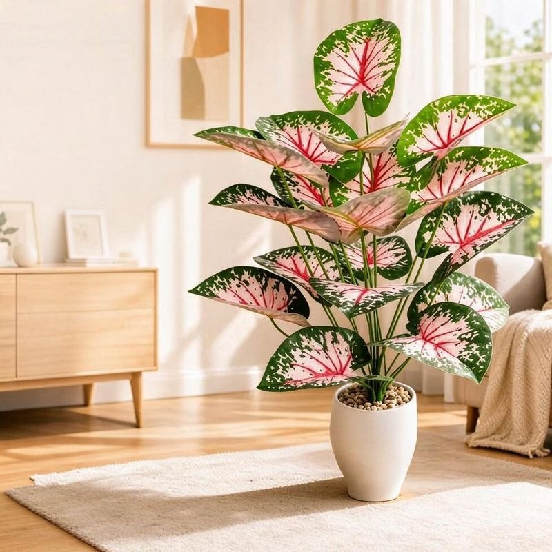 Pink Caladium Artificial Plant, 12" Tall, 21" Length, Plastic & PVC, Indoor Outdoor Decor, Wedding, Home, Office, Commercial Space