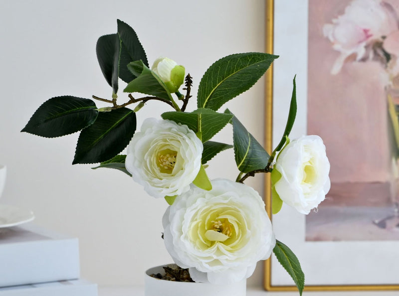 Artificial Camellia Bush with 4 Blooms, 10" Height, Silk Flower Arrangement in Plastic Pot, Perfect for Home, Office, Wedding Decor
