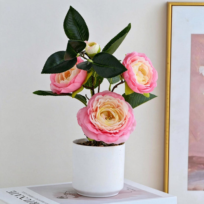 Artificial Camellia Bush with 4 Blooms, 10" Height, Silk Flower Arrangement in Plastic Pot, Perfect for Home, Office, Wedding Decor