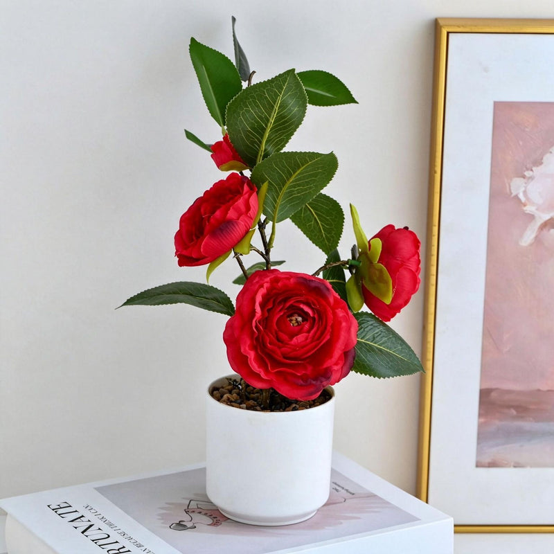 Artificial Camellia Bush with 4 Blooms, 10" Height, Silk Flower Arrangement in Plastic Pot, Perfect for Home, Office, Wedding Decor
