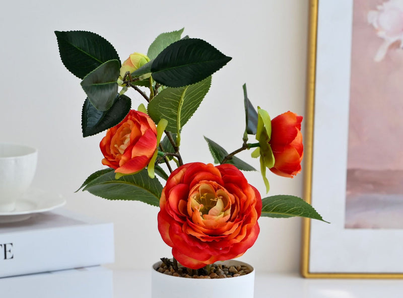 Artificial Camellia Bush with 4 Blooms, 10" Height, Silk Flower Arrangement in Plastic Pot, Perfect for Home, Office, Wedding Decor
