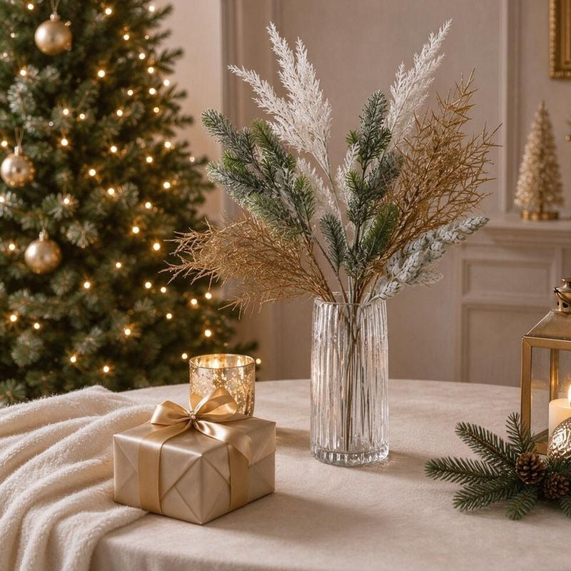 Artificial Frosted Pine Branch, 28" Single Stem Faux Evergreen Christmas Decor, Indoor Arrangement Accent