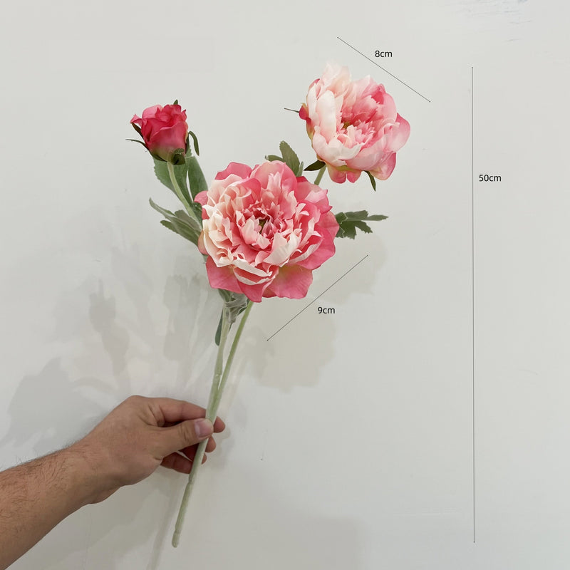 Single Stem Artificial Peony with 3 Blooms, Silk-Like Fabric, 20" Tall, Perfect for Home Decor, Weddings, and Events