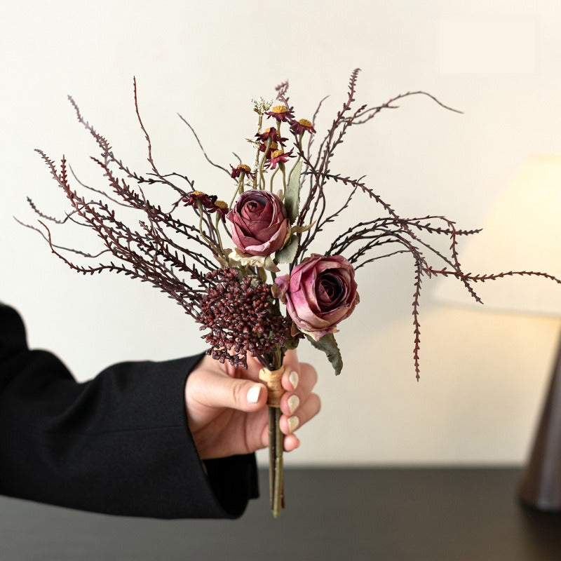 11" Autumn-Inspired Rose and Eucalyptus Bouquet, Faux Silk Floral Arrangement for Weddings, Home Decor, and Events
