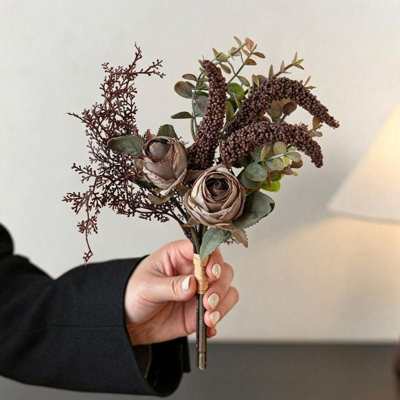 11" Autumn-Inspired Rose and Eucalyptus Bouquet, Faux Silk Floral Arrangement for Weddings, Home Decor, and Events