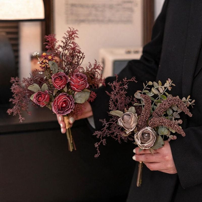 11" Autumn-Inspired Rose and Eucalyptus Bouquet, Faux Silk Floral Arrangement for Weddings, Home Decor, and Events