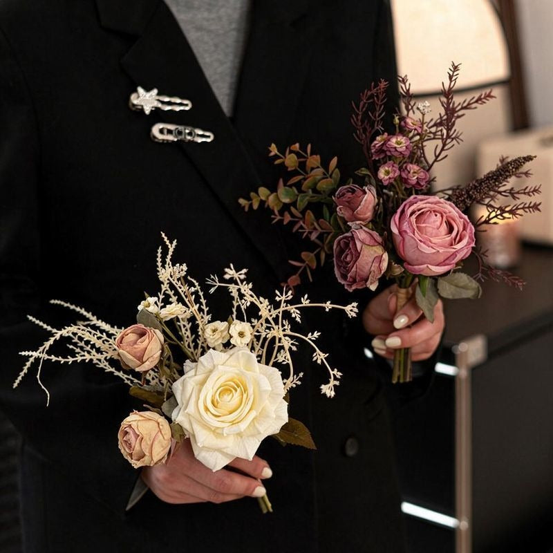 11" Autumn-Inspired Rose and Eucalyptus Bouquet, Faux Silk Floral Arrangement for Weddings, Home Decor, and Events